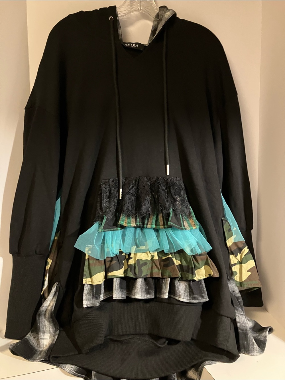 AKIRA Black Hoodie with Teal Ruffle, Camo & Plaid Layers
